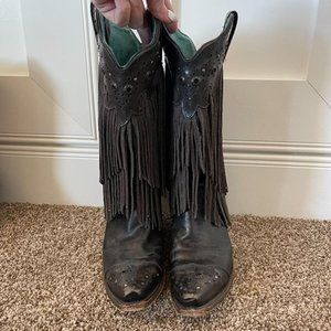 Women's Corral Vintage Black Fringe Boots w/Studs